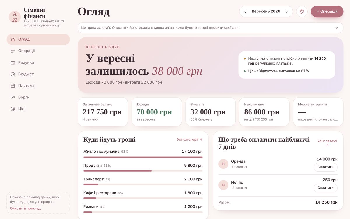 Сімейні фінанси: залишок місяця, витрати за категоріями, платежі
